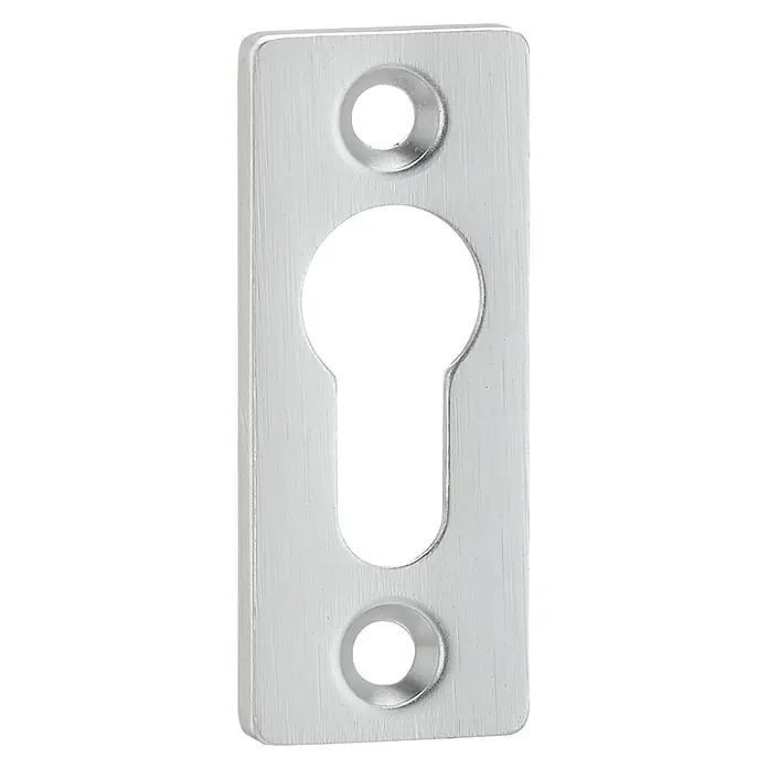Portaferm Schlüsselschild - Profilzylinder, Silber - Nahaufnahme einer silbernen Schlüssellochabdeckung mit zwei Löchern für Schrauben, die einen modernen und sauberen Look bietet.