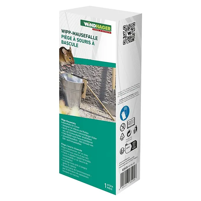 Windhager Mausefalle Wipp-Falle - Wippfalle, Metall - Produktverpackung der Wipp-Mausefalle von Windhager für den Haus- und Gartenbereich, Lebendfalle für Eimer zum Mäuse und Ratten fangen.