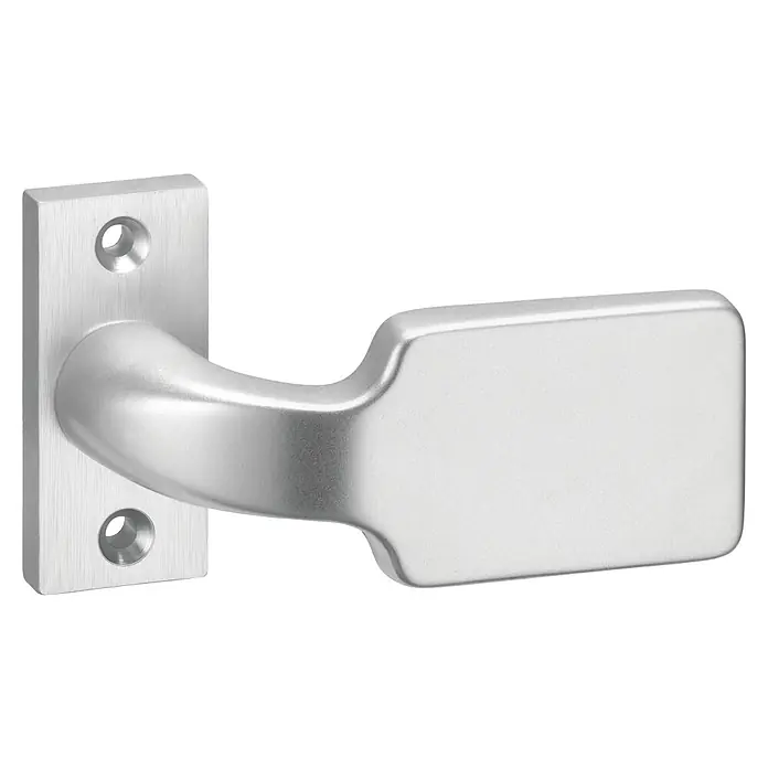 Portaferm Knopfkurzschild - Silber, Eloxiert - Nahaufnahme eines modernen, silbernen Türgriffs mit rechteckigem Griff und quadratischer Rosette, der Stil und Funktionalität vereint.