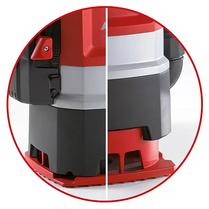 AL-KO Premium Tauchpumpe Twin 1100 - 850 W, Max. Fördermenge: 13.000 l/h - Geteilte Ansicht einer rot, grau und schwarzen Tauchpumpe, die ihr Design und ihre Komponenten zeigt.