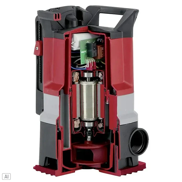 AL-KO Premium Tauchpumpe Twin 14000 - 1.000 W, Max. Fördermenge: 15.000 l/h - Querschnitt einer roten und grauen Tauchpumpe.