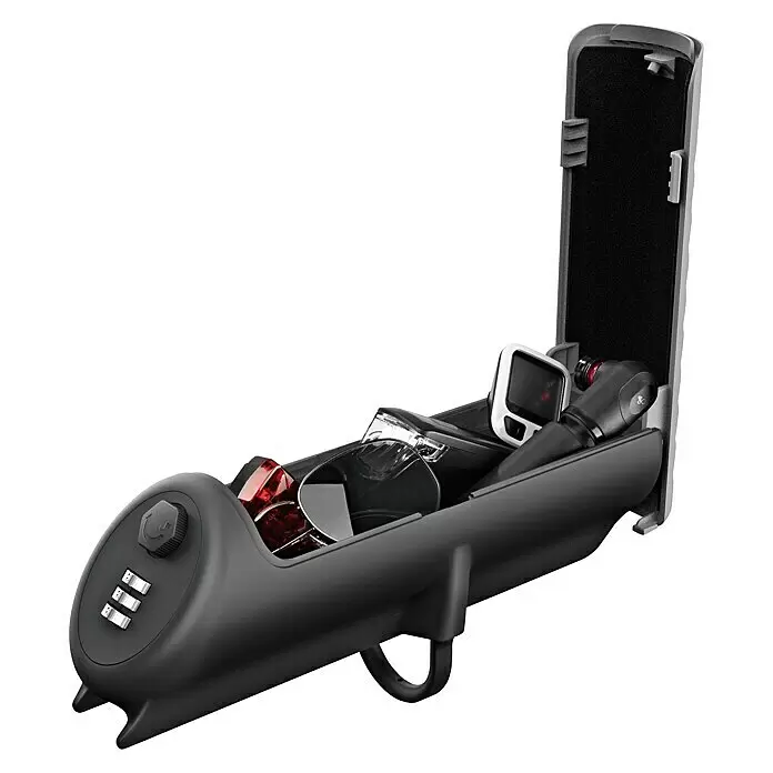 BeeMyBox Fahrradtasche - 10 cm, 26,9 cm, 8,8 cm - Geöffnete dunkelgraue Sicherheitsbox mit Zahlenschloss, zeigt Brillen, Uhr und Zubehör.
