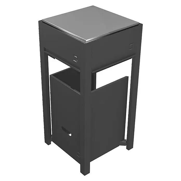 oneQ Gasflaschenblende - Stahl, Passend für: Gasflaschen von 5 - 9 kg / oneQ Basismodul - Dunkelgrauer Outdoor-Mülleimer mit Metallplatte und offener Seite.