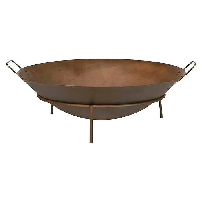 Siena Garden Feuerschale Rusty - Durchmesser: 70 cm, Gusseisen - Abgebildet ist eine rustikale Feuerschale aus Metall mit Griffen und einem passenden Ständer für den Außenbereich.