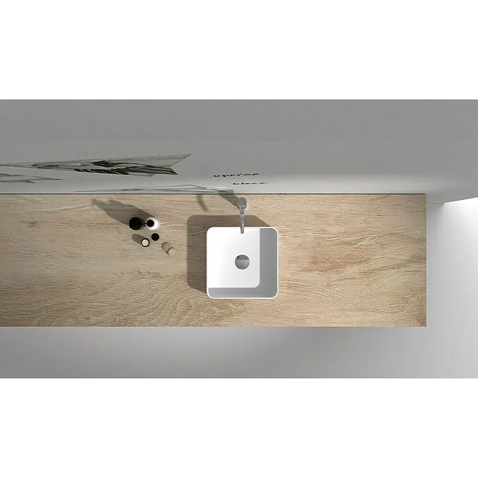 Camargue Lavabo Molí - 38 x 38 cm, Con esmalte antibacteriano, Sin desbordamiento, Blanco - Vista superior de un lavabo con superficie de madera y decoraciones, combinando diseño minimalista con estética natural.