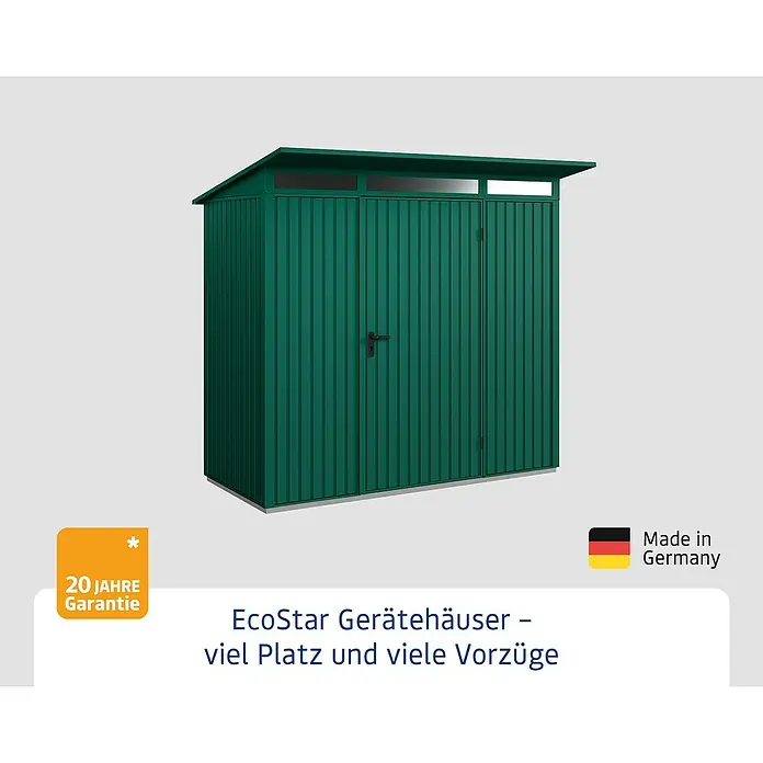 EcoStar Gerätehaus Trend-P Typ 1 - Außenbreite inkl. Dachüberstand: 247,9 cm, Außentiefe inkl. Dachüberstand: 153 cm, Moosgrün, Einzeltür - EcoStar Gerätehaus: Geräumiges Gartenhaus in Grün mit abschließbarer Doppeltür und Dachfenster für viel Stauraum und Komfort.