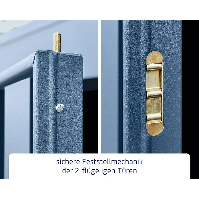 EcoStar Gerätehaus Trend-P Typ 2 - Außenbreite inkl. Dachüberstand: 247,9 cm, Außentiefe inkl. Dachüberstand: 283,4 cm, Taubenblau, Einzeltür - Sichere Feststellmechanik der zweiflügeligen Türen. Robustes Design mit soliden Metallelementen für zuverlässige Funktion.