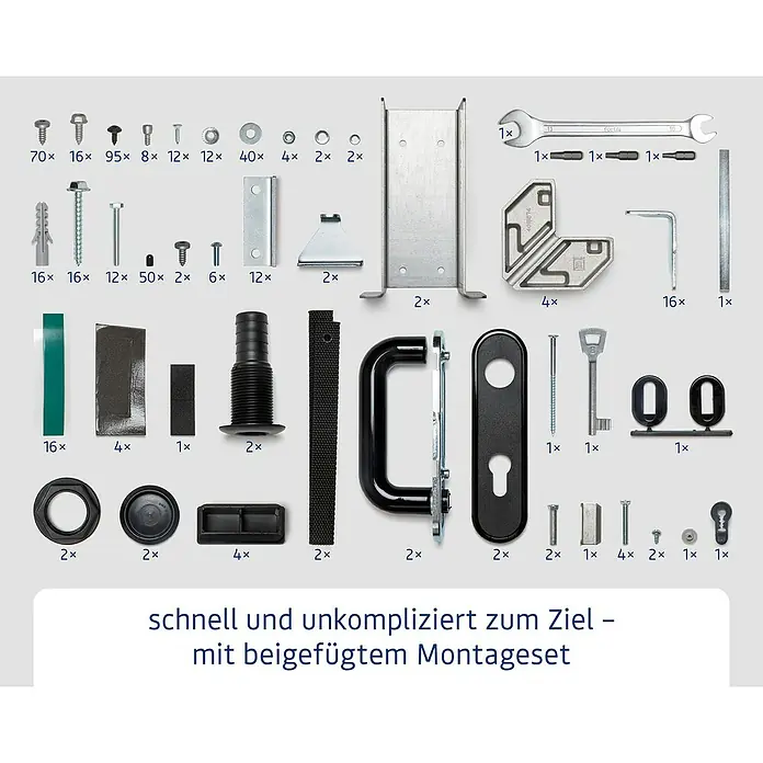 EcoStar Gerätehaus Trend-P Typ 1 - Außenbreite inkl. Dachüberstand: 247,9 cm, Außentiefe inkl. Dachüberstand: 153 cm, Purpurrot, Einzeltür - Montageset mit Schrauben, Werkzeugen und Griff für einfache Installation.