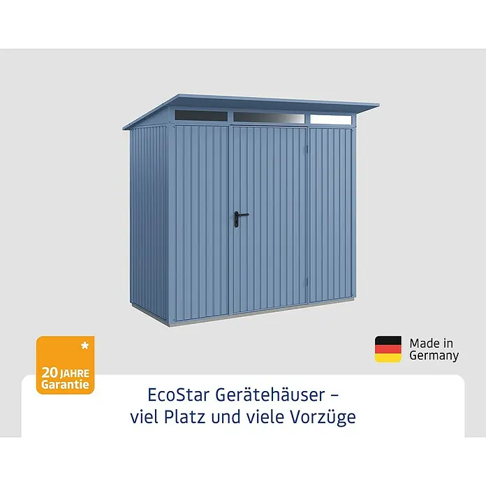 EcoStar Gerätehaus Trend-P Typ 1 - Außenbreite inkl. Dachüberstand: 247,9 cm, Außentiefe inkl. Dachüberstand: 153 cm, Taubenblau, Einzeltür - EcoStar Gerätehaus: Ein geräumiges Gerätehaus in Blau mit viel Platz und 20 Jahre Garantie, hergestellt in Deutschland.
