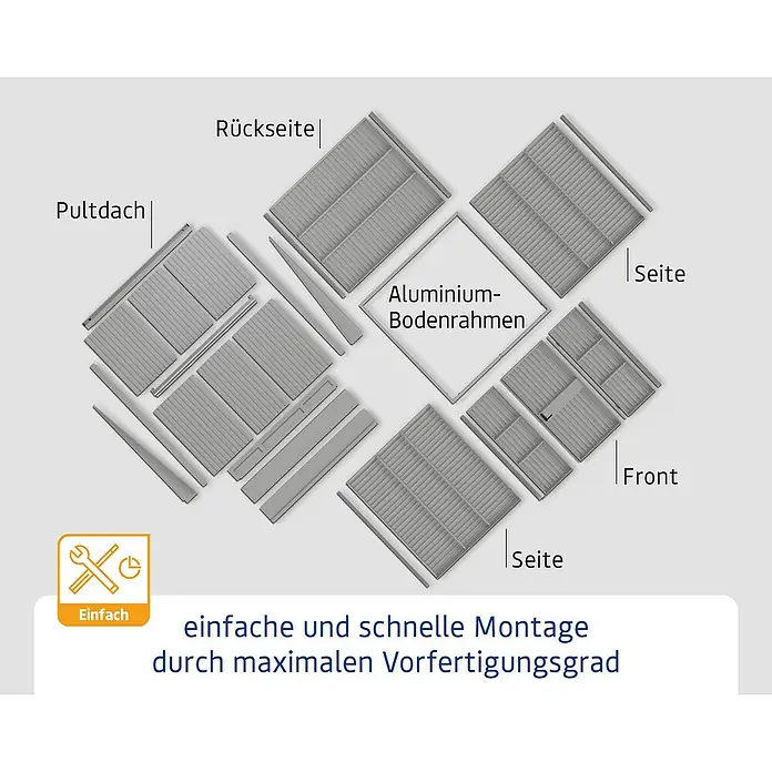 EcoStar Gerätehaus Trend-P Typ 1 - Außenbreite inkl. Dachüberstand: 247,9 cm, Außentiefe inkl. Dachüberstand: 153 cm, Purpurrot, Einzeltür - Explosionszeichnung eines modularen Gartenhauses, das die einzelnen Bauteile und die einfache Montage hervorhebt.