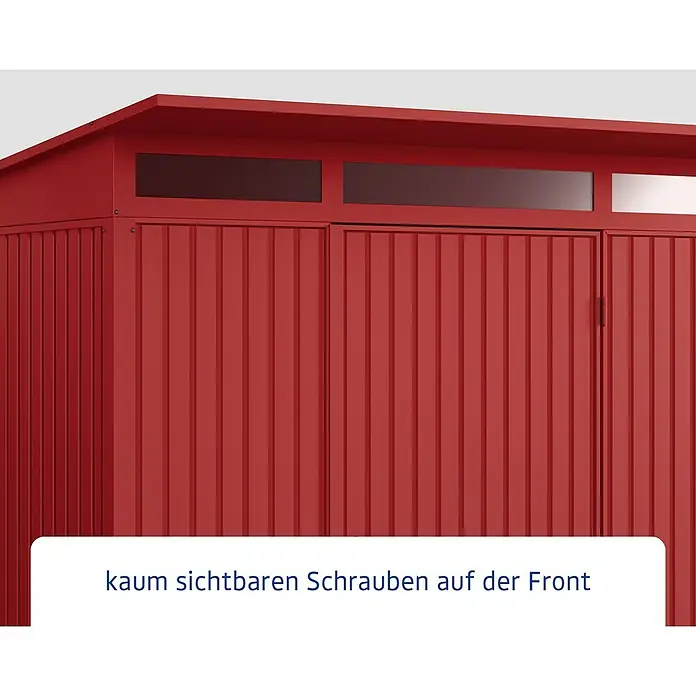 EcoStar Gerätehaus Trend-P Typ 1 - Außenbreite inkl. Dachüberstand: 247,9 cm, Außentiefe inkl. Dachüberstand: 153 cm, Purpurrot, Einzeltür - Ein rotes Gartenhaus mit kaum sichtbaren Schrauben auf der Vorderseite. Das Haus hat ein modernes Design mit klaren Linien.