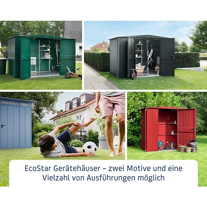 EcoStar Gerätehaus Trend-P Typ 1Außenbreite inkl. Dachüberstand: 247,9 cm, Außentiefe inkl. Dachüberstand: 153 cm, Grau, Einzeltür Info