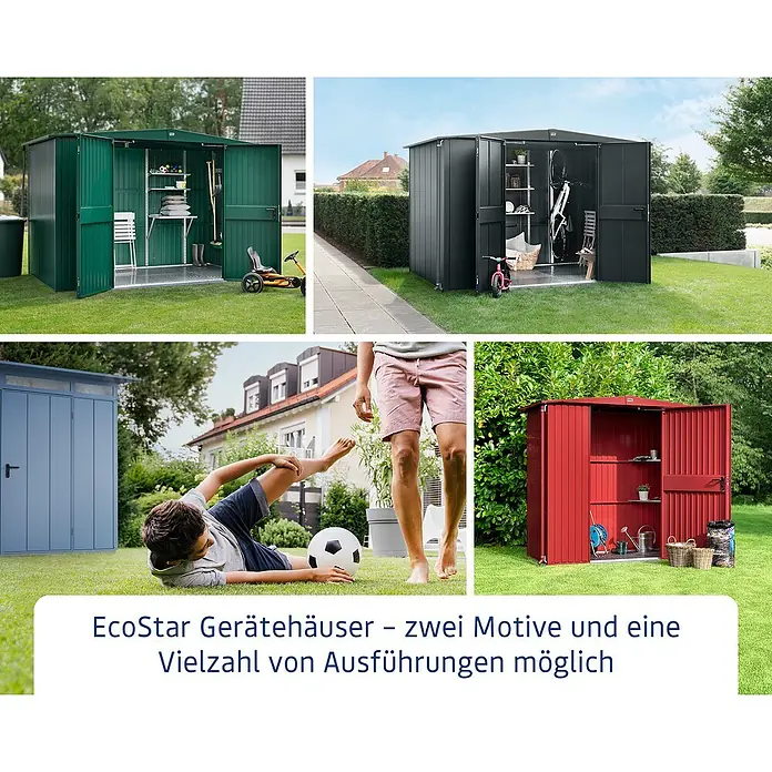 EcoStar Gerätehaus Trend-P Typ 1 - Außenbreite inkl. Dachüberstand: 247,9 cm, Außentiefe inkl. Dachüberstand: 153 cm, Purpurrot, Einzeltür - EcoStar Gerätehäuser in verschiedenen Farben. Die Gerätehäuser bieten viel Stauraum für Gartengeräte und andere Utensilien.