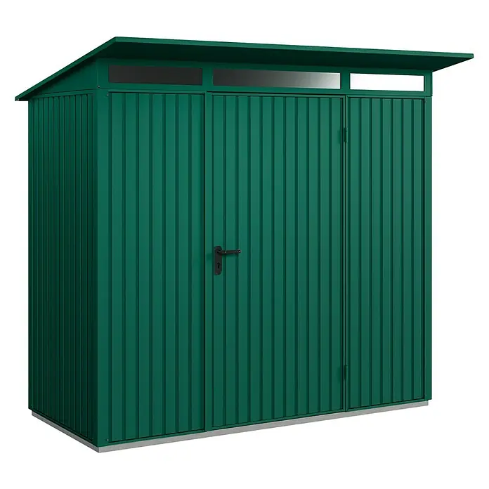 EcoStar Gerätehaus Trend-P Typ 1 - Außenbreite inkl. Dachüberstand: 247,9 cm, Außentiefe inkl. Dachüberstand: 153 cm, Moosgrün, Einzeltür - Grüner Metall-Gartenschuppen mit Doppeltür und Oberlichtern für die Aufbewahrung von Gartengeräten und -möbeln. Robuste Bauweise.