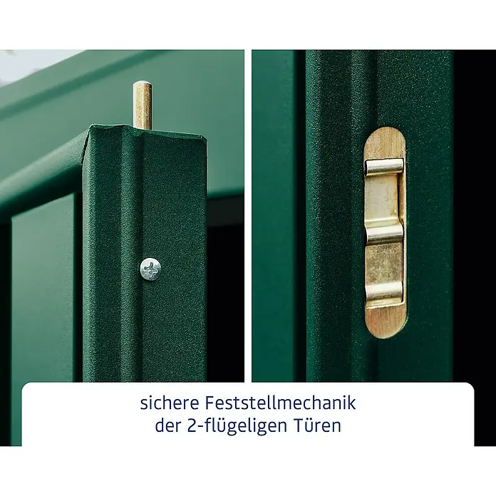 EcoStar Gerätehaus Trend-P Typ 1 - Außenbreite inkl. Dachüberstand: 247,9 cm, Außentiefe inkl. Dachüberstand: 153 cm, Moosgrün, Einzeltür - Sichere Feststellmechanik der Doppeltüren für zuverlässige Fixierung. Robuste Ausführung in Grün, ideal für Gartenhäuser.
