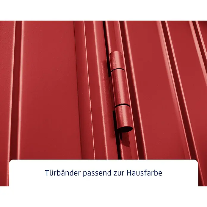 EcoStar Gerätehaus Trend-P Typ 1 - Außenbreite inkl. Dachüberstand: 247,9 cm, Außentiefe inkl. Dachüberstand: 153 cm, Purpurrot, Einzeltür - Türbänder passend zur Hausfarbe.