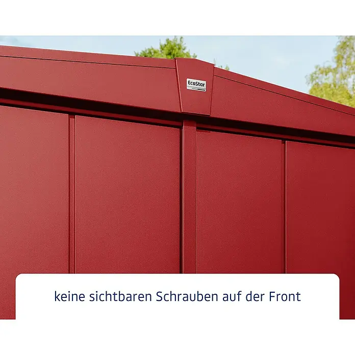 EcoStar Gerätehaus Elegant-S Typ 2 - Außenbreite inkl. Dachüberstand: 258,8 cm, Außentiefe inkl. Dachüberstand: 247,7 cm, Purpurrot, Doppeltür - Nahaufnahme eines EcoStar Gerätehauses in Rot, das Design zeichnet sich durch eine schraubenlose Front aus, was für eine saubere Optik sorgt.