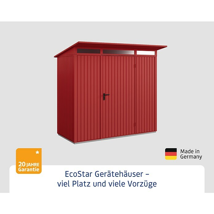 EcoStar Gerätehaus Trend-P Typ 1Außenbreite inkl. Dachüberstand: 247,9 cm, Außentiefe inkl. Dachüberstand: 153 cm, Purpurrot, Einzeltür Info