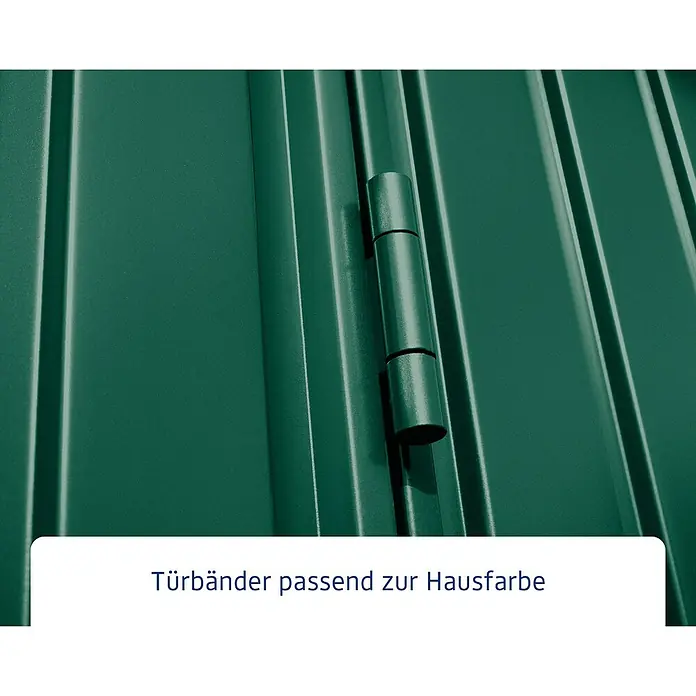 EcoStar Gerätehaus Trend-P Typ 1 - Außenbreite inkl. Dachüberstand: 247,9 cm, Außentiefe inkl. Dachüberstand: 153 cm, Moosgrün, Einzeltür - Grüne Türbänder, passend zur Hausfarbe, an einer grünen Metalltür.