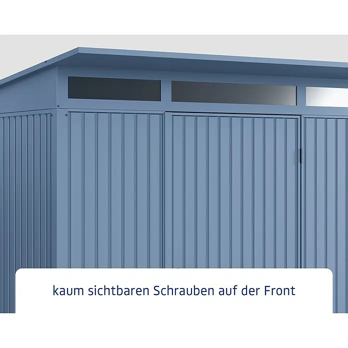 EcoStar Gerätehaus Trend-P Typ 2 - Außenbreite inkl. Dachüberstand: 247,9 cm, Außentiefe inkl. Dachüberstand: 283,4 cm, Taubenblau, Einzeltür - Nahaufnahme eines modernen, blauen Gerätehauses mit kaum sichtbaren Schrauben an der Vorderseite.