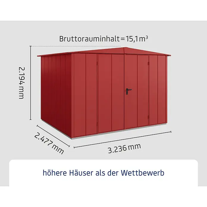 EcoStar Gerätehaus Elegant-S Typ 3 - Außenbreite inkl. Dachüberstand: 323,6 cm, Außentiefe inkl. Dachüberstand: 247,7 cm, Purpurrot, Doppeltür - Abbildung eines roten Gerätehauses mit den Maßen 2,194 mm Höhe, 2,477 mm Breite und 3,236 mm Länge. Das Bruttorauminhalt beträgt 15,1 m³.