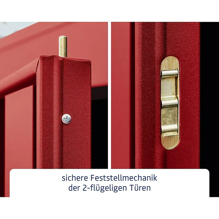 EcoStar Gerätehaus Trend-P Typ 1 - Außenbreite inkl. Dachüberstand: 247,9 cm, Außentiefe inkl. Dachüberstand: 153 cm, Purpurrot, Einzeltür - Detailaufnahme der Feststellmechanik einer zweiflügeligen Tür, die eine sichere und zuverlässige Arretierung gewährleistet.