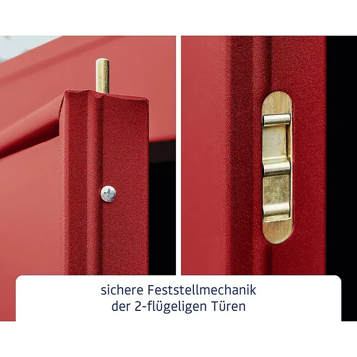 EcoStar Gerätehaus Elegant-P Typ 3 - Außenmaß inkl. Dachüberstand (B x T): 312,7 x 283,4 cm, Purpurrot, Doppeltür - Detailaufnahme einer Feststellmechanik an einer zweiflügeligen Tür. Die rote Tür und die goldfarbenen Beschläge sind gut zu erkennen.