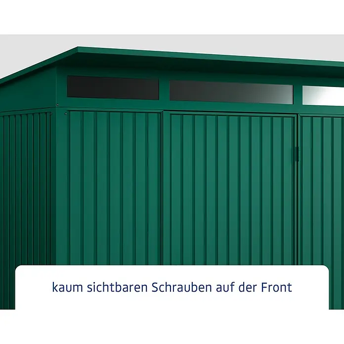 EcoStar Gerätehaus Trend-P Typ 1 - Außenbreite inkl. Dachüberstand: 247,9 cm, Außentiefe inkl. Dachüberstand: 153 cm, Moosgrün, Einzeltür - Detailansicht eines grünen Metallschranks mit kaum sichtbaren Schrauben auf der Vorderseite.