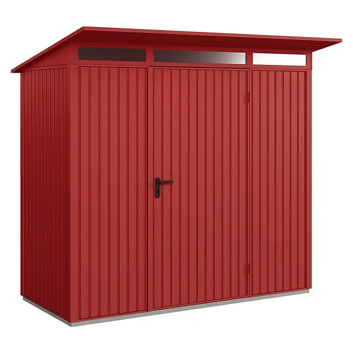 EcoStar Gerätehaus Trend-P Typ 1 - Außenbreite inkl. Dachüberstand: 247,9 cm, Außentiefe inkl. Dachüberstand: 153 cm, Purpurrot, Einzeltür - Roter Gartenschrank mit schlichtem Design und praktischer Aufbewahrungslösung für den Außenbereich. Ideal für Werkzeug und Gartengeräte.