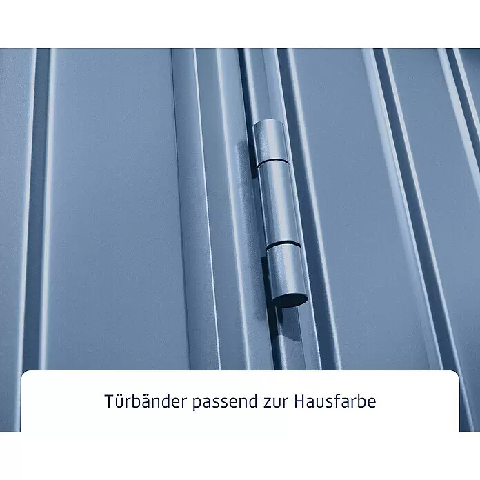 EcoStar Gerätehaus Trend-P Typ 2 - Außenbreite inkl. Dachüberstand: 247,9 cm, Außentiefe inkl. Dachüberstand: 283,4 cm, Taubenblau, Einzeltür - Silber-graues Türband auf geriffelter Metallplatte, passend zur Hausfarbe.