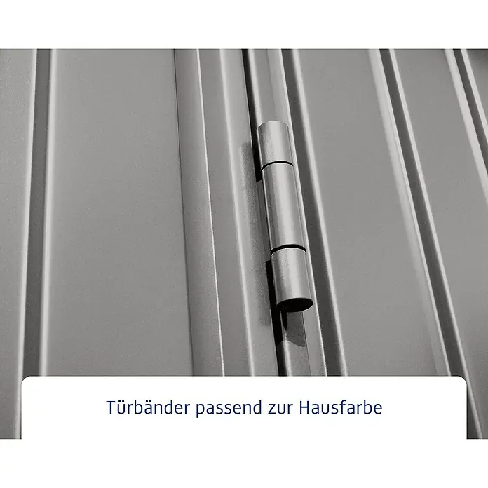 EcoStar Gerätehaus Trend-P Typ 1 - Außenbreite inkl. Dachüberstand: 247,9 cm, Außentiefe inkl. Dachüberstand: 153 cm, Grau, Einzeltür - Detailaufnahme eines Türbands, passend zur Hausfarbe, montiert an einer grauen Metalltür.