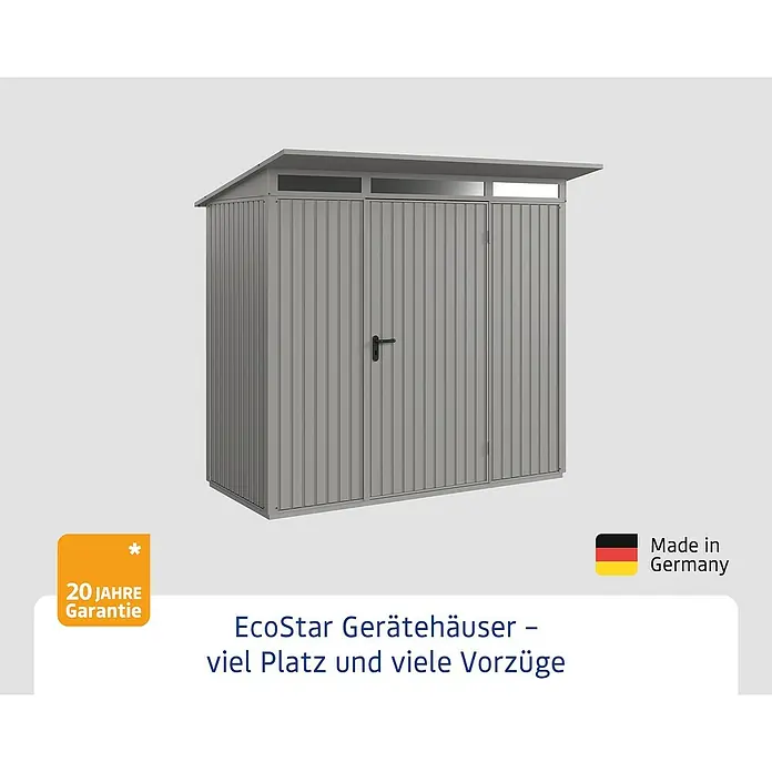 EcoStar Gerätehaus Trend-P Typ 1 - Außenbreite inkl. Dachüberstand: 247,9 cm, Außentiefe inkl. Dachüberstand: 153 cm, Grau, Einzeltür - EcoStar Gerätehaus aus Metall in Grau mit großem Platzangebot und 20 Jahre Garantie. Made in Germany.