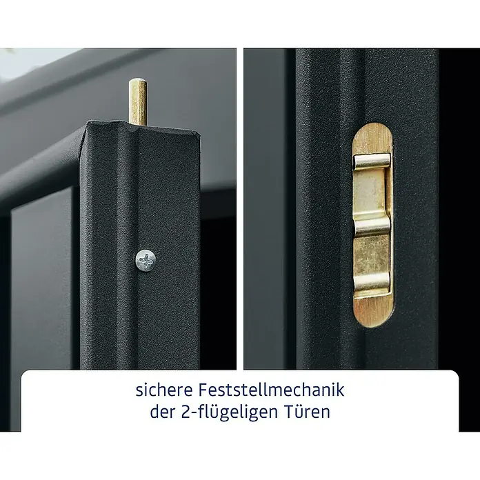 EcoStar Gerätehaus Trend-P Typ 1 - Außenbreite inkl. Dachüberstand: 247,9 cm, Außentiefe inkl. Dachüberstand: 153 cm, Anthrazitgrau, Einzeltür - Sichere Feststellmechanik der zweiflügeligen Tür. Hochwertige Türbeschläge für zuverlässige Funktionalität und Langlebigkeit.
