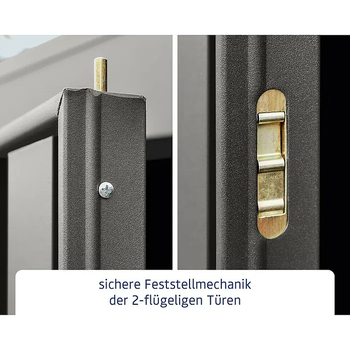 EcoStar Gerätehaus Trend-P Typ 1 - Außenbreite inkl. Dachüberstand: 247,9 cm, Außentiefe inkl. Dachüberstand: 153 cm, Grau, Einzeltür - Sichere Feststellmechanik der 2-flügeligen Türen. Diese robuste Mechanik gewährleistet einen sicheren Halt und zuverlässige Funktion.