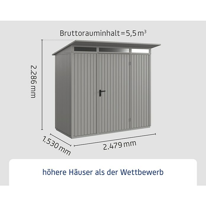 EcoStar Gerätehaus Trend-P Typ 1Außenbreite inkl. Dachüberstand: 247,9 cm, Außentiefe inkl. Dachüberstand: 153 cm, Grau, Einzeltür Info