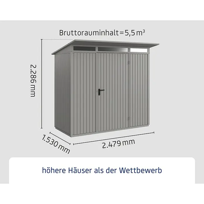 EcoStar Gerätehaus Trend-P Typ 1 - Außenbreite inkl. Dachüberstand: 247,9 cm, Außentiefe inkl. Dachüberstand: 153 cm, Grau, Einzeltür - Abbildung eines Gerätehauses mit den Maßen 2.286 mm Höhe, 1.530 mm Tiefe und 2.479 mm Breite, Bruttorauminhalt 5,5 m³.