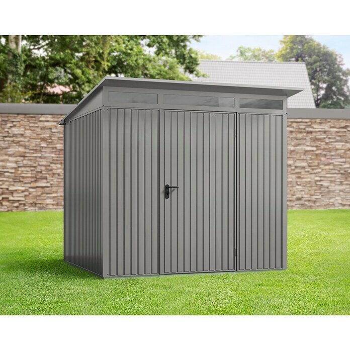 EcoStar Gerätehaus Trend-P Typ 2 (Außenbreite inkl. Dachüberstand: 247,9 cm, Außentiefe inkl. Dachüberstand: 283,4 cm, Grau, Einzeltür) | BAUHAUS