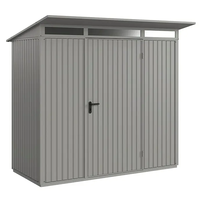 EcoStar Gerätehaus Trend-P Typ 1 - Außenbreite inkl. Dachüberstand: 247,9 cm, Außentiefe inkl. Dachüberstand: 153 cm, Grau, Einzeltür - Abbildung eines grauen Geräteschuppens mit Doppeltüren und Oberlicht.
