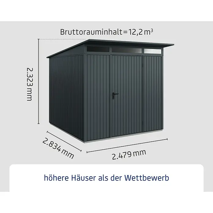 EcoStar Gerätehaus Trend-P Typ 2 - Außenbreite inkl. Dachüberstand: 247,9 cm, Außentiefe inkl. Dachüberstand: 283,4 cm, Anthrazitgrau, Einzeltür - Abbildung eines anthrazitfarbenen Gerätehauses mit den Maßen 2,834 mm x 2,479 mm x 2,323 mm.