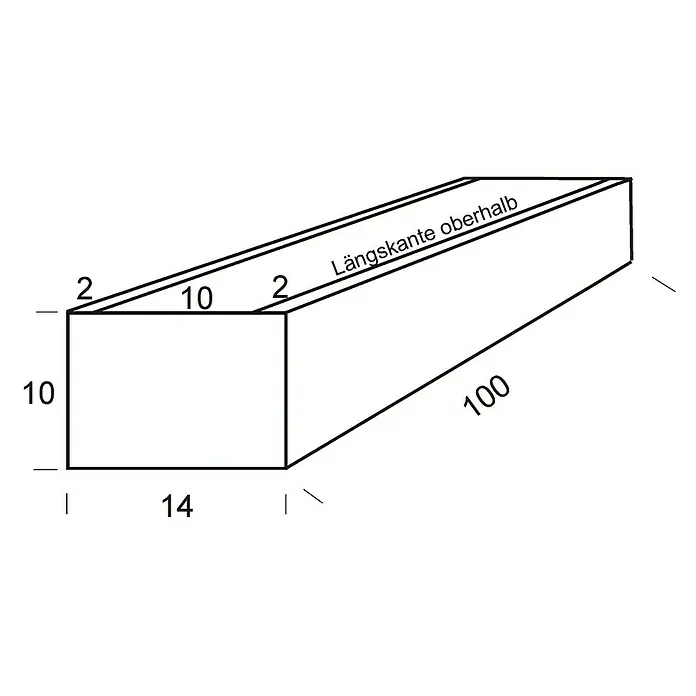 WMT Pflanzkasten - L x B x H: 100 x 14 x 10 cm, Silber, Geeignet für: Stabgitterzäune, Stahl - Produktskizze eines rechteckigen Behälters mit den Maßen 10x14x100 und einer oberen Kante.
