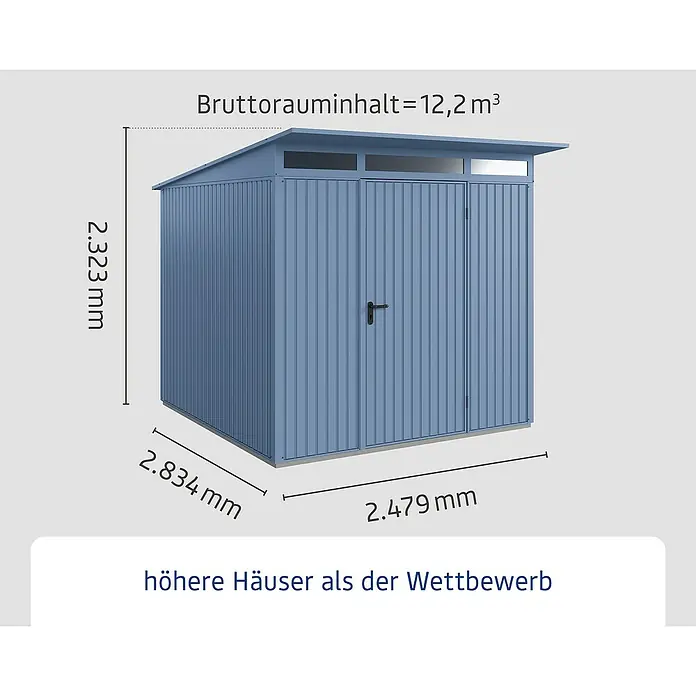 EcoStar Gerätehaus Trend-P Typ 2 - Außenbreite inkl. Dachüberstand: 247,9 cm, Außentiefe inkl. Dachüberstand: 283,4 cm, Taubenblau, Einzeltür - Abbildung eines Gerätehauses in Blau mit Maßangaben zu Höhe, Breite und Tiefe. Das Bruttorauminhalt beträgt 12,2 m³.