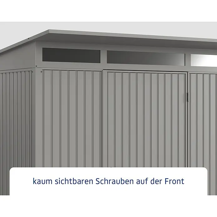 EcoStar Gerätehaus Trend-P Typ 1 - Außenbreite inkl. Dachüberstand: 247,9 cm, Außentiefe inkl. Dachüberstand: 153 cm, Grau, Einzeltür - Bild eines grauen Gerätehauses mit kaum sichtbaren Schrauben auf der Front. Ideal für den Garten.