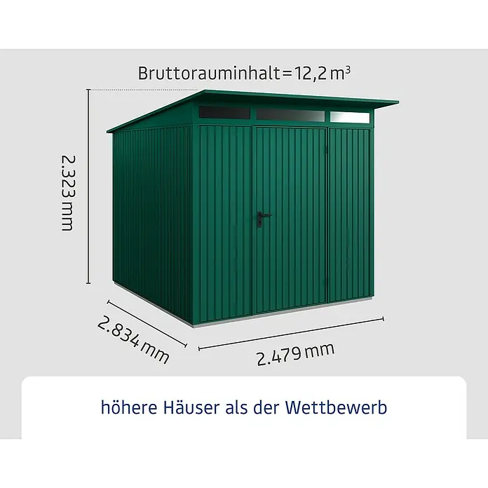 EcoStar Gerätehaus Trend-P Typ 2 - Außenbreite inkl. Dachüberstand: 247,9 cm, Außentiefe inkl. Dachüberstand: 283,4 cm, Moosgrün, Einzeltür - Abbildung eines grünen Gerätehauses mit Maßangaben. Das Bruttorauminhalt beträgt 12,2 m³.