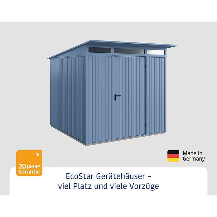 EcoStar Gerätehaus Trend-P Typ 2 (Außenbreite inkl. Dachüberstand: 247,9 cm, Außentiefe inkl. Dachüberstand: 283,4 cm, Taubenblau, Einzeltür) | BAUHAUS