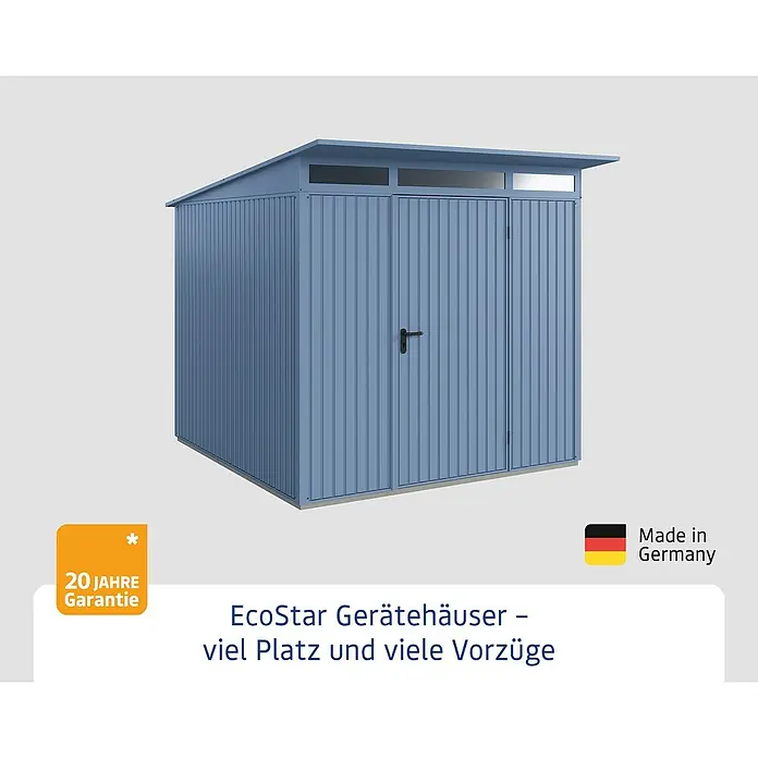 EcoStar Gerätehaus Trend-P Typ 2 - Außenbreite inkl. Dachüberstand: 247,9 cm, Außentiefe inkl. Dachüberstand: 283,4 cm, Taubenblau, Einzeltür - Produktbild eines EcoStar Gerätehauses, das viel Platz und viele Vorzüge bietet. Hergestellt in Deutschland mit 20 Jahren Garantie.