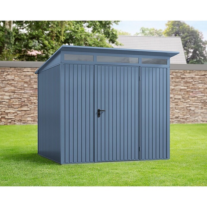 EcoStar Gerätehaus Trend-P Typ 2 (Außenbreite inkl. Dachüberstand: 247,9 cm, Außentiefe inkl. Dachüberstand: 283,4 cm, Taubenblau, Einzeltür) | BAUHAUS