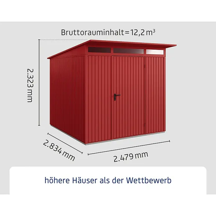 EcoStar Gerätehaus Trend-P Typ 2 - Außenbreite inkl. Dachüberstand: 247,9 cm, Außentiefe inkl. Dachüberstand: 283,4 cm, Purpurrot, Einzeltür - Abbildung eines roten Gerätehauses mit den Maßen 2.323 mm Höhe, 2.834 mm Breite und 2.479 mm Tiefe.