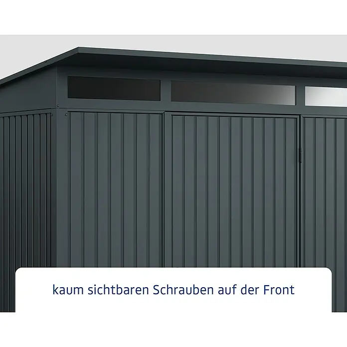 EcoStar Gerätehaus Trend-P Typ 1 - Außenbreite inkl. Dachüberstand: 247,9 cm, Außentiefe inkl. Dachüberstand: 153 cm, Anthrazitgrau, Einzeltür - Nahaufnahme eines grauen Gerätehauses mit kaum sichtbaren Schrauben an der Front.