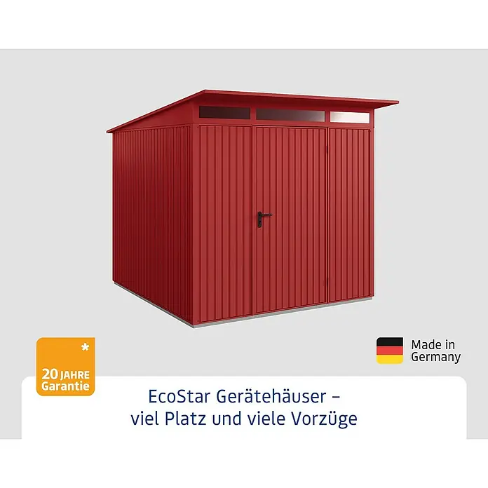 EcoStar Gerätehaus Trend-P Typ 2 - Außenbreite inkl. Dachüberstand: 247,9 cm, Außentiefe inkl. Dachüberstand: 283,4 cm, Purpurrot, Einzeltür - EcoStar Gerätehaus in Rot: viel Platz und Vorteile. Langlebige und robuste Konstruktion für den Garten. Hergestellt in Deutschland mit 20 Jahren Garantie.