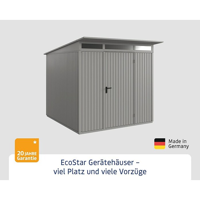 EcoStar Gerätehaus Trend-P Typ 2 (Außenbreite inkl. Dachüberstand: 247,9 cm, Außentiefe inkl. Dachüberstand: 283,4 cm, Grau, Einzeltür) | BAUHAUS